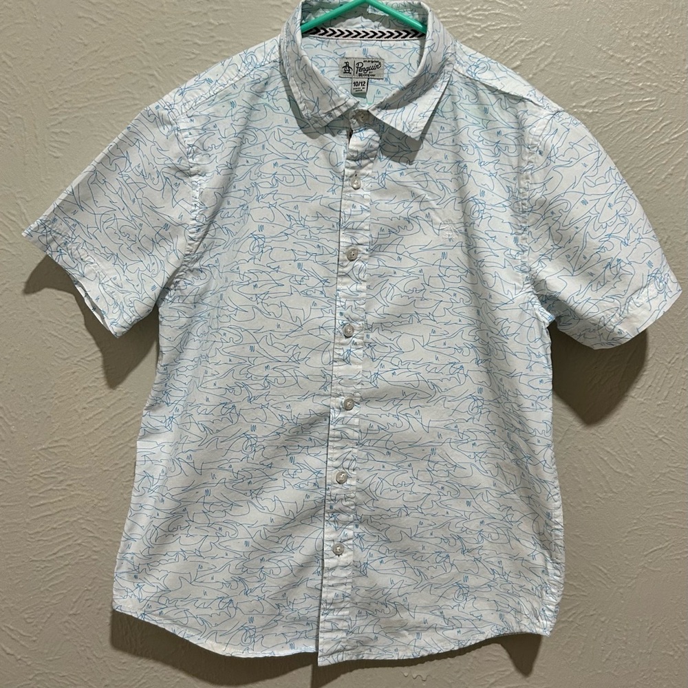 Original Penguin Blue & White Shark Patterned Shirt boys 10/12 beach vacation